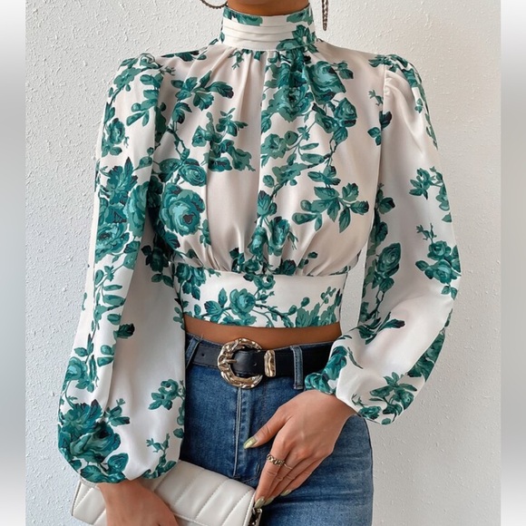 Boho Floral Print Tie Backless Open Back Bishop Sleeve Crop Top Blouse Shirt - Picture 3 of 6